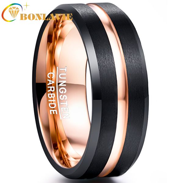 

bonlavie rose gold tungsten carbide wedding band ring grooved black brushed finish comfort fit size 7 to 12, Slivery;golden