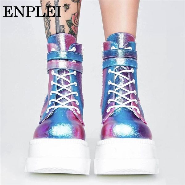 

boots enplei women ankel high heels shoes sapatos das mulheres motorcycle gothic round toe drop wedges female size 35-43, Black