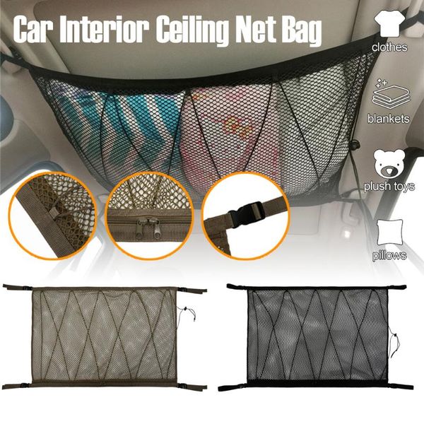 

car organizer general type interior ceiling net bag, 35"x25" adjustable double-layer roof cargo with zipper and drawstring