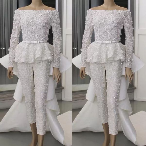 

2022 jumpsuit evening dresses long sleeves with detachable train bateau neck beaded 3d floral applique custom made tulle sweep train prom pa, Black;red
