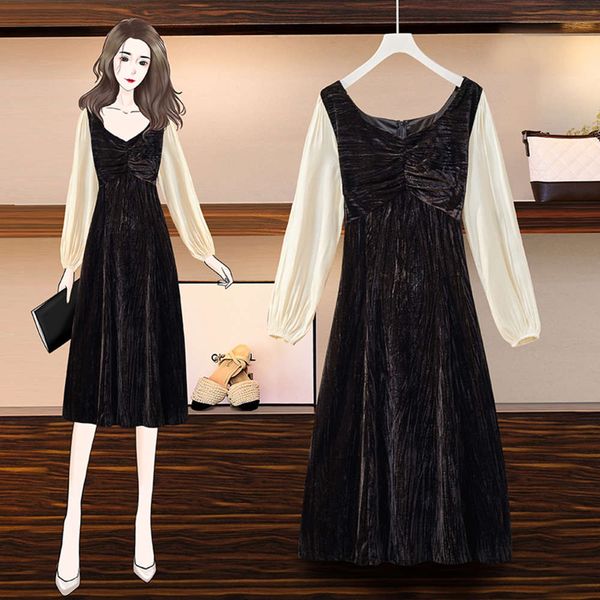 

large 2021 spring new long skirt french lady with thin hepburn dress, Black;gray