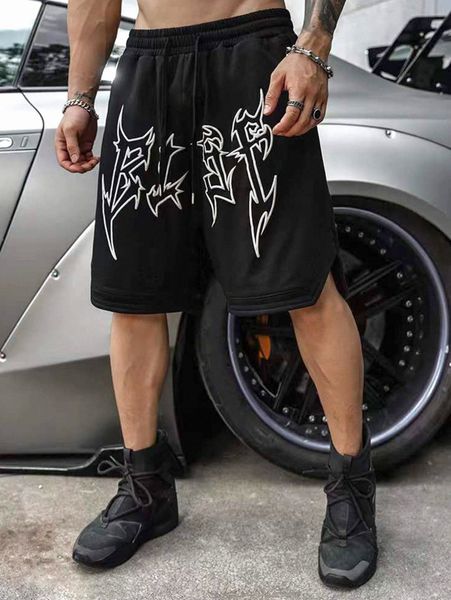 

men letter graphic drawstring waist shorts l1ga#, Black