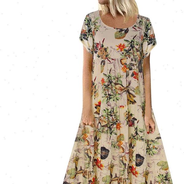 

lady summer dress casual short sleeve long dress cotton and linen boho floral print maxi dress o neck elegant dresses, Black;gray