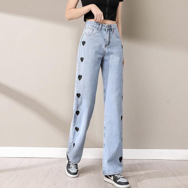 

women's jeans casual straight-leg pants high waist slim-fit wide-leg loose love pattern, Blue