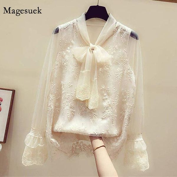 

korean fashion loose embroidery bow tie o-neck mesh blouse 2021 spring new flare sleeve white lace female bottoming shirt 12474