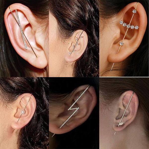

stud ear needle wrap crawler hook earrings for women surround auricle diagonal copper inlaid zircon piercing /1 pc, Golden;silver