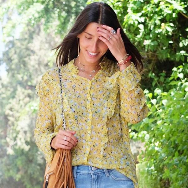

new floral print ruffle yellow blouse women summer long flare o neck button shirts silk shirt 2021 kqmr, White
