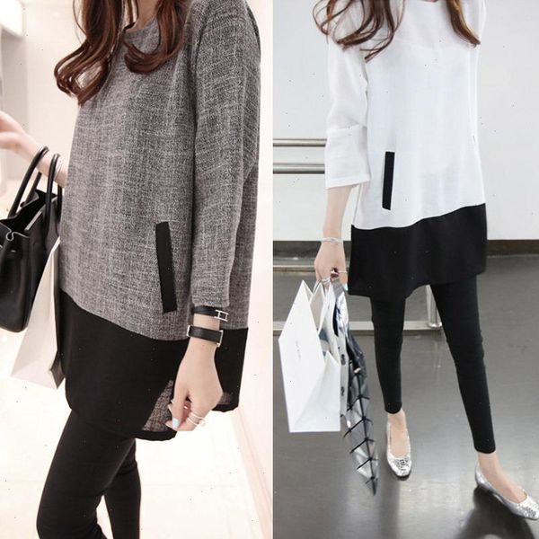

women blouses 2021 autumn winter long sleeve o neck patchwork loose casual women shirts plus size fashionable long shirts, White