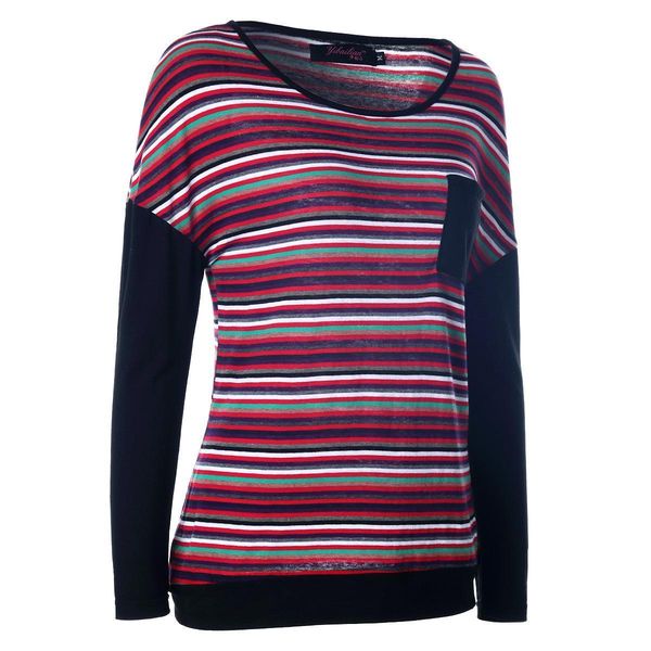 

once 2021 women's mosaic drop stripe tees shoulder arm breast pockets long sleeve casual women's t-shirt, White