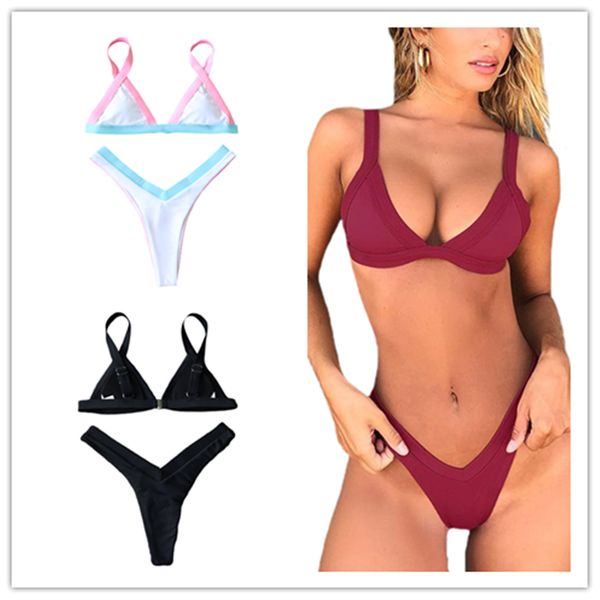 

meihuida womens fashion stitching bikini suits backless cami and tight high waist thong split swimsuit, Black