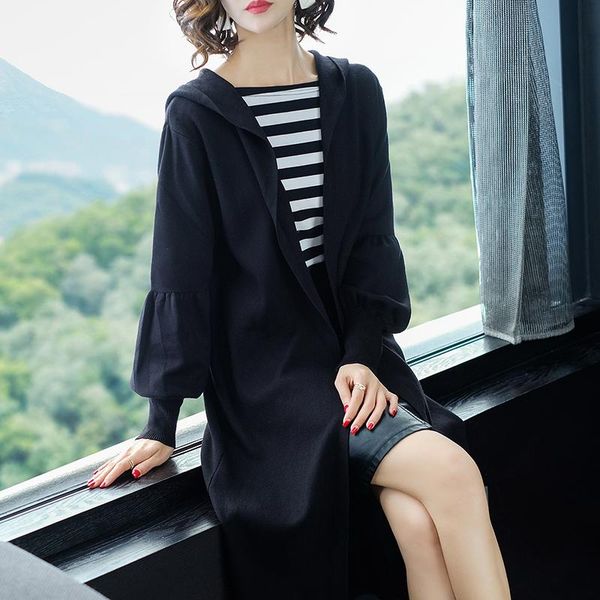 

women's sweaters brand long hooded cardigan 2021 spring autumn solid color ol commuter sweater lantern-sleeve outwear with sashes xxl, White;black
