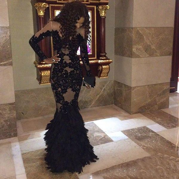 

New Black Illusion Evening Dresses Prom Party Gown Formal Dress Tulle Sexy Gown Mermaid Trumpet O-Neck Long Sleeve Applique, Custom