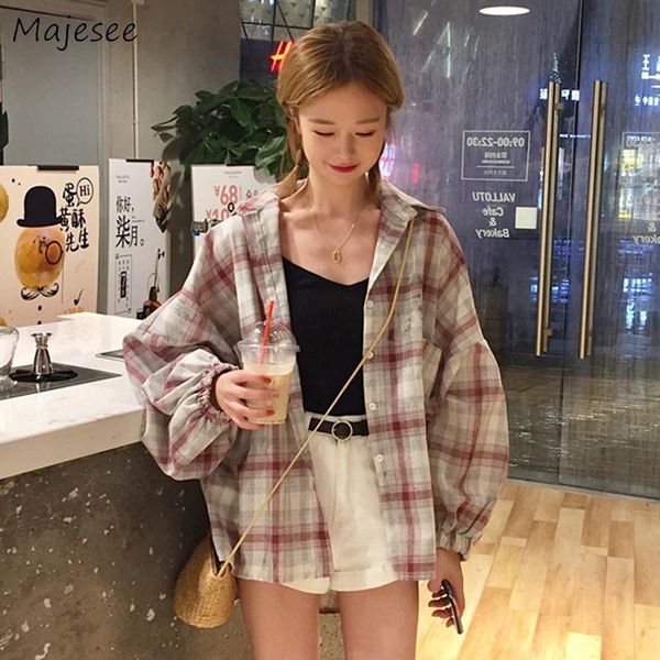 

womens shirts korean fashion clothing plaid vintage black long sleeve womens and blouses casual females kawaii blouse, White