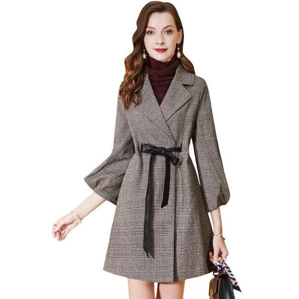 

women's wool & blends 2021autumn winter vintage plaid woolen jackets women office mid-length with beltÂ long sleeve ladies coat female o, Black