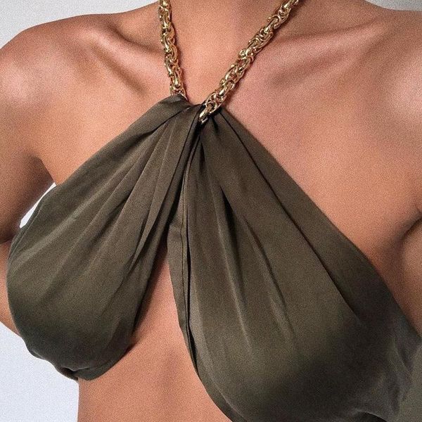 

women's tanks & camis yuqung sleeveless chain halter crop for women ruched backless lace up club party summer beach tank streetwea, White