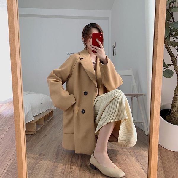 

women's wool & blends woman woolen coat female autumn winter temperament double-breasted loose pocket a416, Black