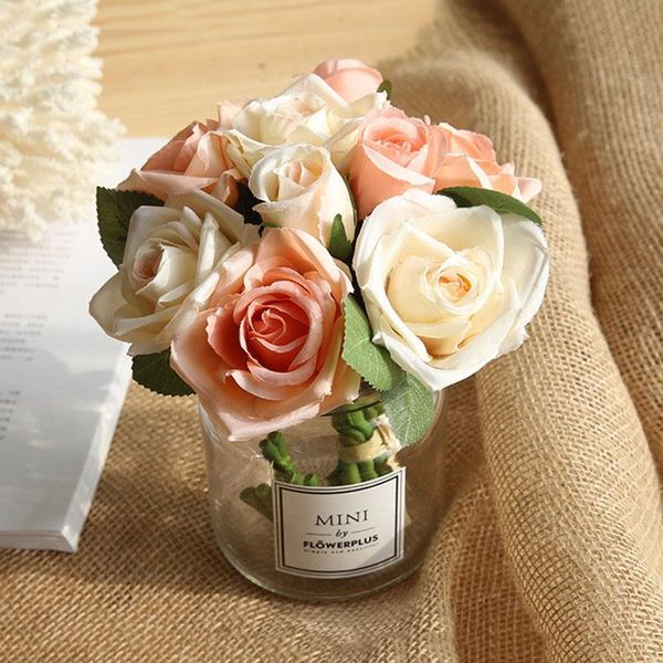 

decorative flowers & wreaths 27cm pink silk rose artificial bouquet 6 big head and 3 bud fake for home wedding decoration indoor