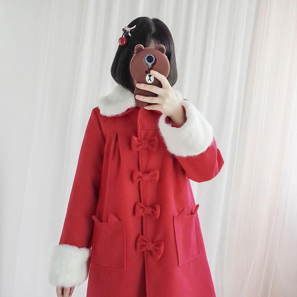 

women's wool & blends japan style a-line long winter fashion coats bow single breasted blend coat and jacket solid femenino, Black