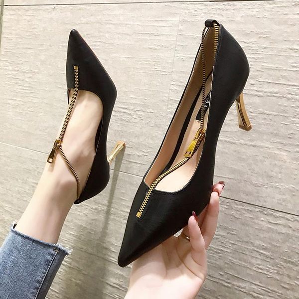 

dress shoes fericzot 2021 fashion pointed toe pumps high heel zip women shoe female for casual, Black