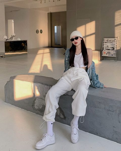 

2021 autumn winter fashisolid color thin straight leg in high-waist casual high-waisted female sports pants yh2u, Black;white