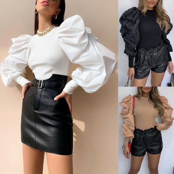 

women ladies shoulder detail puff sleeve fine knit jumper sweater shirt, White