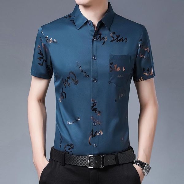 

men's casual shirts men shirt silk print summer short sleeve slim fit camisa masculina drop c749, White;black