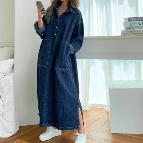 

casual dresses women's autumn long sleeve denim shirt dress button pocket jeans maxi loose female street wear robe, Black;gray