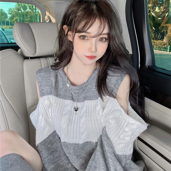 

women's sweaters streetwear spring/autumn korean clothes oversize clothing vintage hollow out leakage shoulder patchwork, White;black