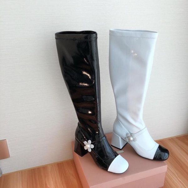 

boots patent leather knee high woman slouch zapatos de mujer round toes heels patchwork, Black