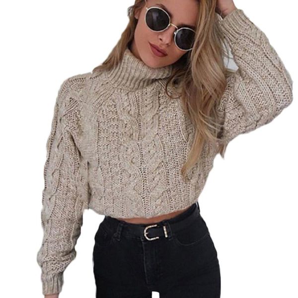 

women's sweaters casual knitted short sweater women turtleneck retro autumn winter high collar umbilical twist pullovers solid slim coa, White;black
