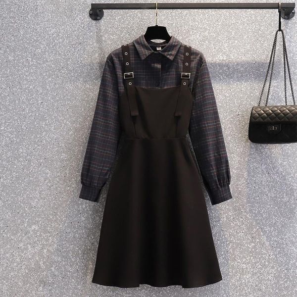 

Plus Female Size 2021 Streetwear Chess Top Harvest Shirt and Overalls Dress Outfits Fashion 2 Suit Sundress Pieces 79ov, Black;gray