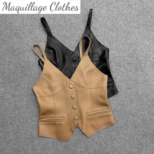 

women's vests spring autumn fashion sheepskin real leather vest genuine v-neck waistcoat c631, Black;white