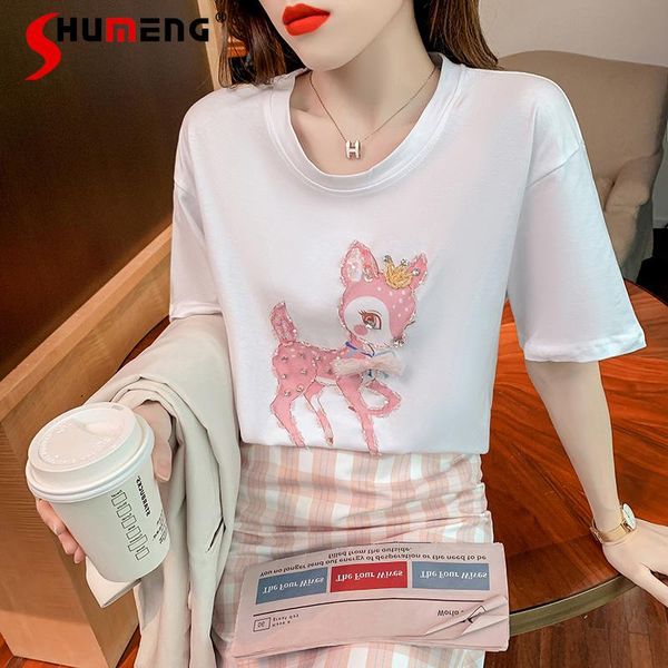 

women's t-shirt 2021 summer cartoon beaded ladies women short sleeve loose tee western style half ins fashion pullover top, White