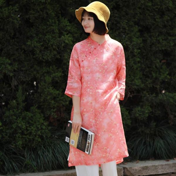 

casual dresses fairynatural ladies chinese style v-neck dress 2021 summer autumn female vintage print floral ramie loose, Black;gray