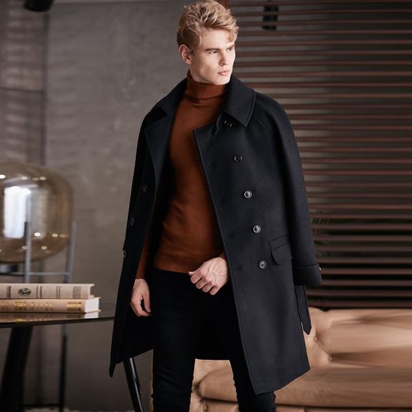 

men's wool & blends winter european mens business casual woolen coats male fashion trend jackets double-breasted windbreaker belt overc, Black