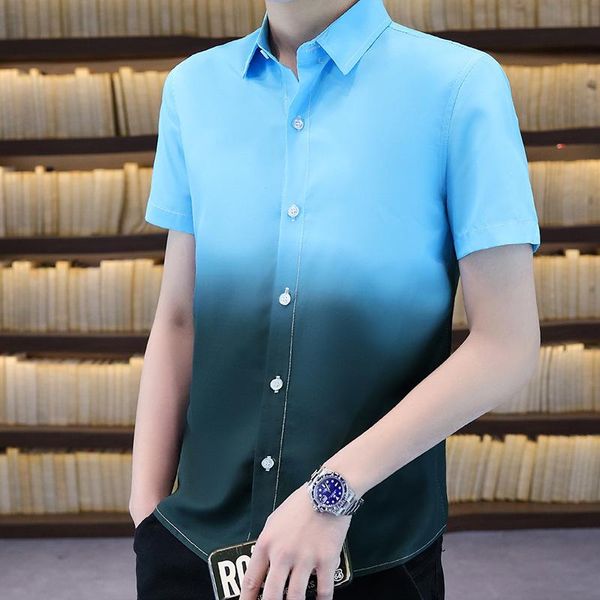 

men's casual shirts summer 2021 fashionable tie-dyed short-sleeved shirt girh personalized cardigan gradient color, White;black