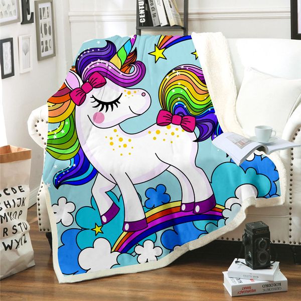 Simpatica coperta con stampa digitale 3D unicorno cavallo arcobaleno con ispessimento regali di Natale per ragazzi e ragazze con cartoni animati con coperte in pile