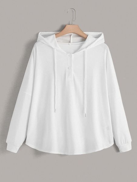 

plus drop shoulder half button drawstring hoodie n2g7#, Black