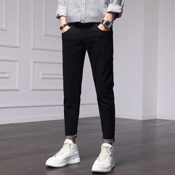 

men's jeans autumn and winter black solid cashmere slim fit street clothes korean fashion pencil pants business casual, Blue