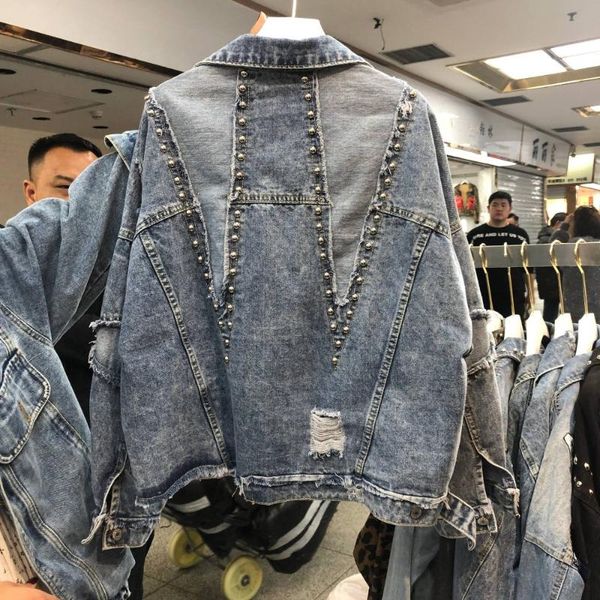 

women's jackets 2021 cowgirl jacket short loose korean denim coat spring bf personality tide wash hole nail bead student, Black;brown