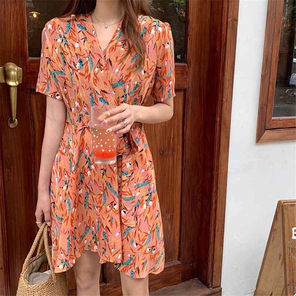 

casual dresses summer vintage v-neck floral print women a-line short sleeve lace up female slim waist party vestidos femme co68, Black;gray
