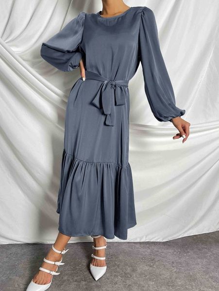 

lantern sleeve ruffle hem belted dress she, Black;gray