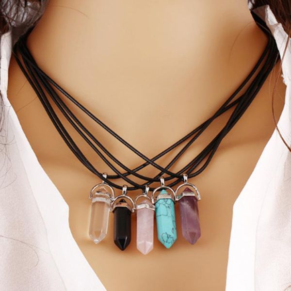 

pendant necklaces gem hexagonal pointed reiki chakra necklace leather quartz healing crystal jewelry natural stone pendants gifts, Silver