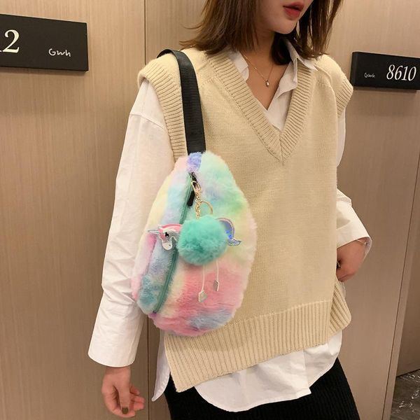 

storage bags cute women plush crossbody pack dangling cartoon horse doll fluffy shoulder portable square zipper colorful crossbag