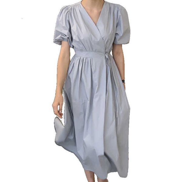 

summer korean v-neck lace up waist ins fashion versatile medium length drs, Black;gray