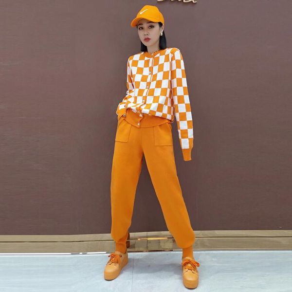 

women's two piece pants knitted suit women high-quality spring and autumn plaid single-breasted blouse + elastic waist casual trousers, White