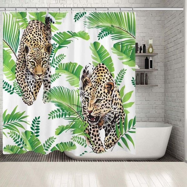

shower curtains curtain leopards and palm leaves tropical jungle nature wild animal watercolor painting artwork green black yellow