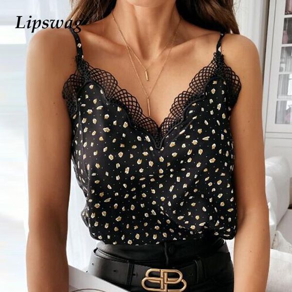 

casual summer women v-neck lace vest sleeveless patchwork spaghetti strap ladies elegant dot print beach blouse shirts, White