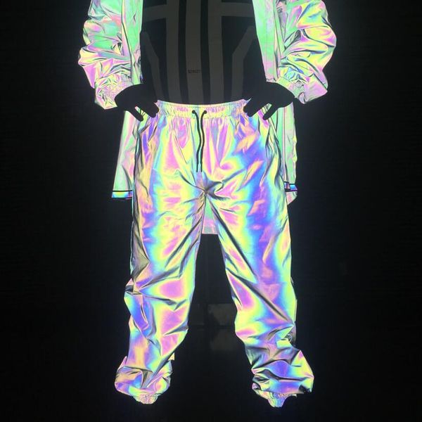 

trendy holographic puffer pants reflective shiny casual sports running training men jogger pant trousers noctilucent high visible, Black