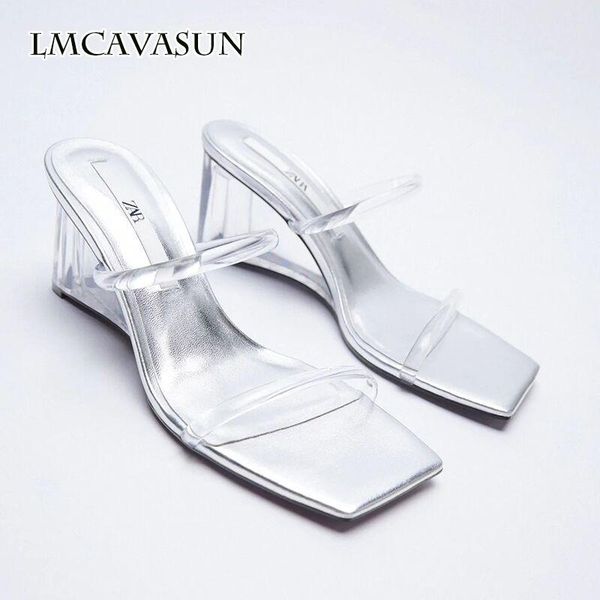 

slippers lmcavasun summer style wedge metallic high heels transparent cellophane tape women's sandals, Black